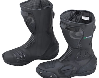 Monster Black Motorbike Racing Boots –  Leather Motorcycle Riding Shoes with Armor Protection