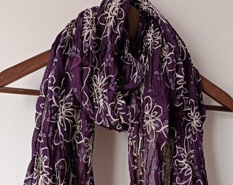 Purple Embroidered Floral Scarf Tassel Trim Boho Shawl Unique Gift Ideas for Her Fashion Scarf Women Bohemian