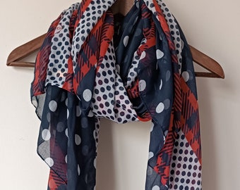 Navy Blue Polka Dot Cotton Scarf Shawl Oversize Scarf Cowl Scarf Gift Ideas for Her Women Fashion Accessories Women Scarves