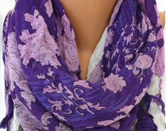 Purple Floral Print Cotton Scarf Tassel Square Scarf Bandana with Fringe in Purple, Damask Neck Gaiter, Boho Mother's day Gifts for Her