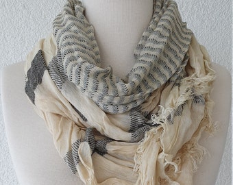 Beige Woven Cotton Scarf Black Striped Asymmetrical Shawl Casual Gift Boho Scarf with Fringe Unisex Long and Lightweight Fashion Accessories