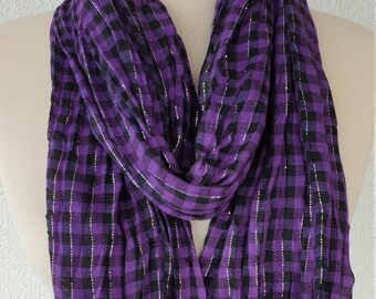 Purple Check Plaid Scarf Checkered Fringe Scarf for Women Winter Head Scarf Gingham Black Glitter Hijab Turban Tartan Scarf Shawl