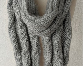 Light Gray Cable Knit Tassel Scarf Wool Chunky Knitted Scarf  For Her Gift Silver Winter Accessories Women Fashion Accessories