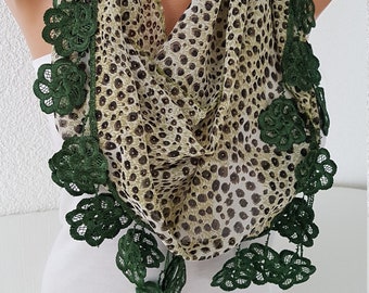 Emerald Green Cheetah Print Scarf Leopard Print Chiffon Long Lace Leaf Scarf Triangle Shawl Wrap Fringe Scarf Lace Trim Scarf Boho Scarf