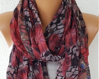 Red Floral Cotton Scarf, Shawl, Cowl Gift Ideas For Her Women Fashion Accessories Valentine's day gift Unique Scarf Gift for mom