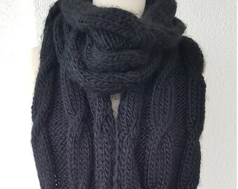 Black Cable Knit Tasseled Scarf Wool Winter Accessories Shawl Cowl Scarf Gift Ideas For Her Women Fashion Accessories