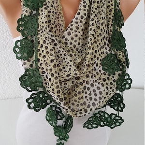 Emerald Green Cheetah Print Scarf Leopard Print Chiffon Long Lace Leaf Scarf Triangle Shawl Wrap Fringe Scarf Lace Trim Scarf Boho Scarf image 1