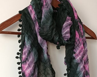 Black & Pink Ombre cotton pompom scarf soft Shawl,Batik Design Cowl Scarf Gift Ideas For Her Women fashion Accessories