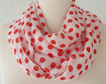 Red Polka Dot Chiffon Infinity Scarf  Circle Loop Scarf Gift Ideas For Her Women Fashion Accessories