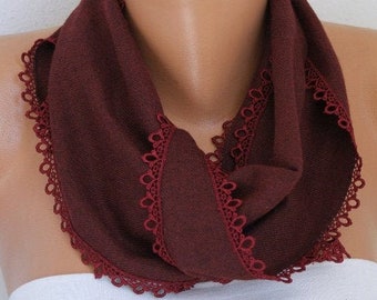 Burgundy Pashmina Scarf Tatted Lace Trim Skinny Neck Scarf for Women Boho   Gift for Her