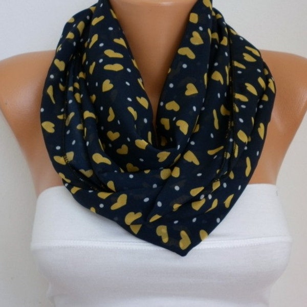Navy Blue & Yellow Heart Print Chiffon Infinity Scarf Circle Loop Scarf Love Gift  For Her Fashion,best selling item