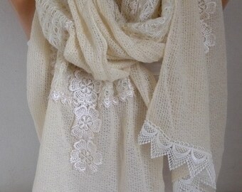 Ivory Floral Knitted Scarf,Wedding Shawl, Winter Scarf,Cowl,Bridesmaid Bridal Accessories Gift Ideas For Her Women Fashion Accessories