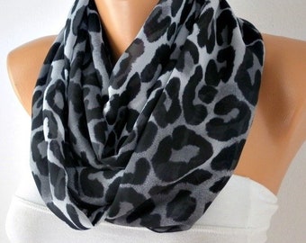 Black & Gray Chiffon Leopard Infinity Scarf Circle Loop Scarf,Gift For Her Women Fashion Accessories,