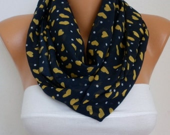 Navy Blue & Yellow Heart Print Chiffon Infinity Scarf Circle Loop Scarf Love Gift  For Her Fashion,best selling item