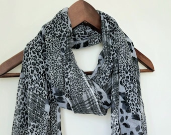 Gray Leopard Print Cotton Scarf,Tartan Plaid  Shawl Wrap Striped Lightweight Scarf  Unique Gift For Women