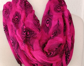 Pink & Black Peacock Print Cotton Scarf soft shawl Cowl Gift Ideas For Her Women Fashion Accessories Women Scarves