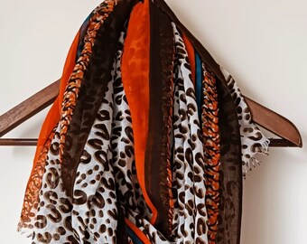 Brown & Orange Leopard Print Cotton Scarf shawl