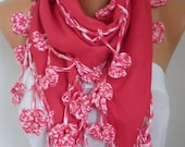 Red Pashmina crochet Floral Scarf handmade Scarf Shawl Cowl Scarf Bridesmaid Gift Gift Ideas For Her Women Fashion Accessories
