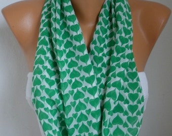 White & Kelly Green Heart Print Chiffon Infinity Scarf, Circle Loop Scarf Love Gift For Her, Women Fashion Accessories