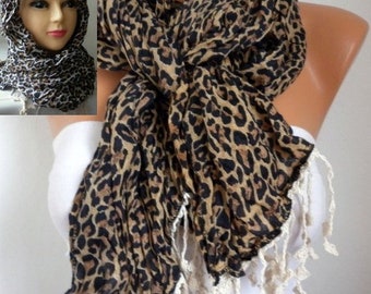 Brown Tones Leopard Cotton Scarf Oversize shawl Head Scarf Head cover headband scarf Lightweight fall scarves Women Fashion Accessories