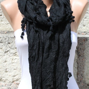 Black Cotton pompom scarf Shawl,fall winter scarf,Cowl Scarf, Gift Ideas For Her ,Women Fashion Accessories, best selling item image 3