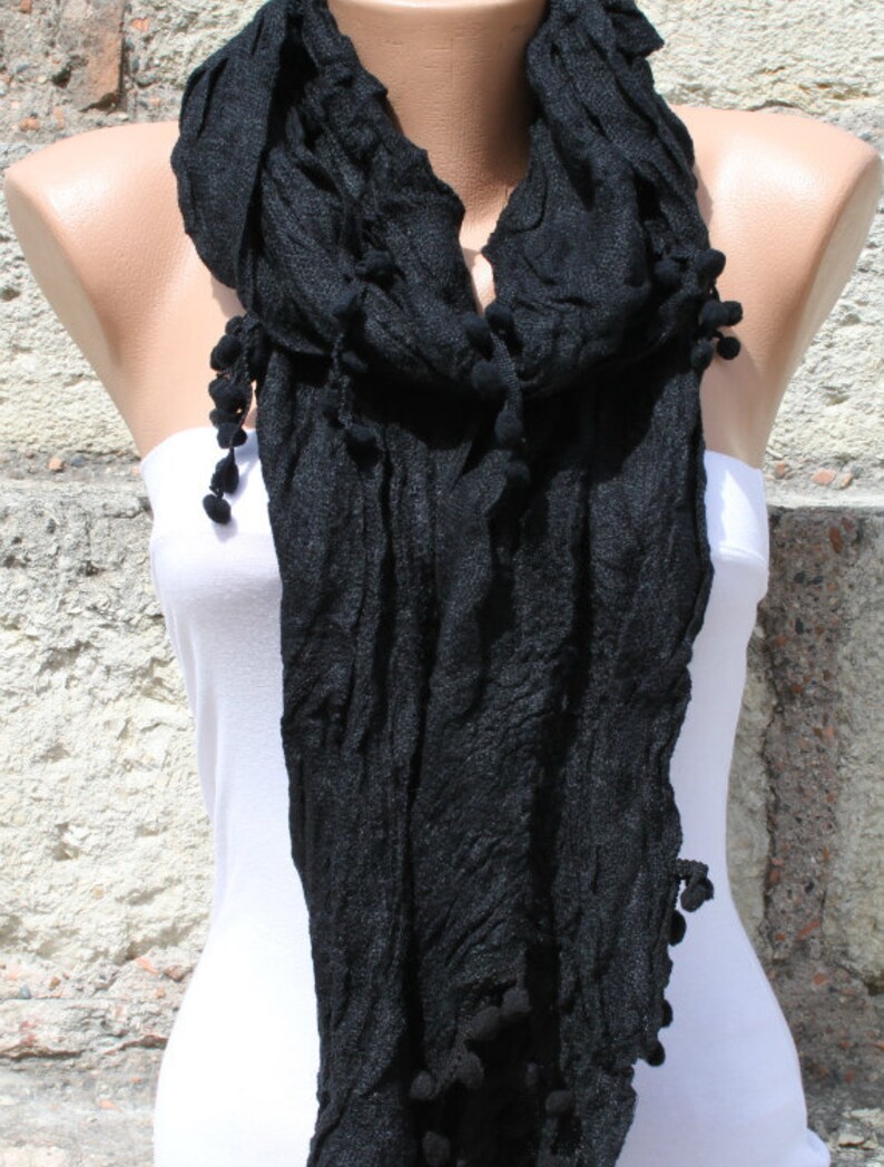 Black Cotton pompom scarf Shawl,fall winter scarf,Cowl Scarf, Gift Ideas For Her ,Women Fashion Accessories, best selling item image 3