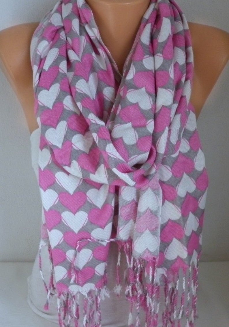 Gray & Pink White Heart Print Pashmina Scarf,Wedding Scarf,Bridesmaid Gift,Cotton Shawl Cowl Scarf Gift Ideas For Her Women Fashion image 2