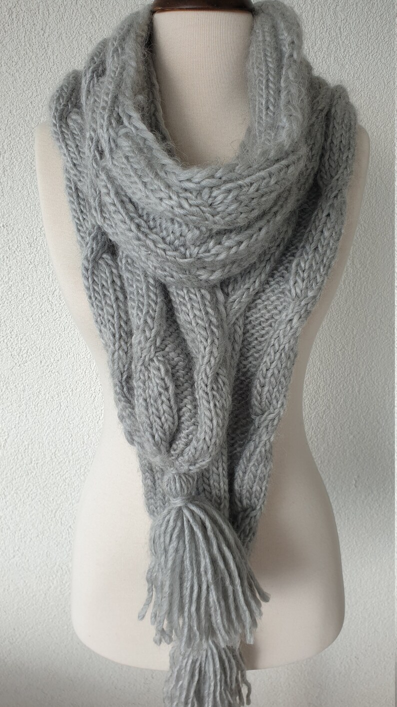 Light Gray Cable Knit Tassel Scarf Wool Chunky Knitted Scarf Etsy