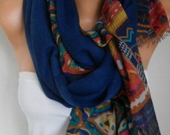 Dark Blue Cotton Tribal Scarf, Shawl,Mother's Day Gift