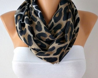 Black & Brown Chiffon Leopard Infinity Scarf Circle Loop Scarf,Gift For Her Women Fashion Accessories,