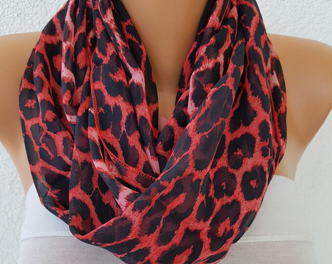 Red Leopard Print Chiffon Infinity Scarf,autumn Circle Loop Scarf Gift