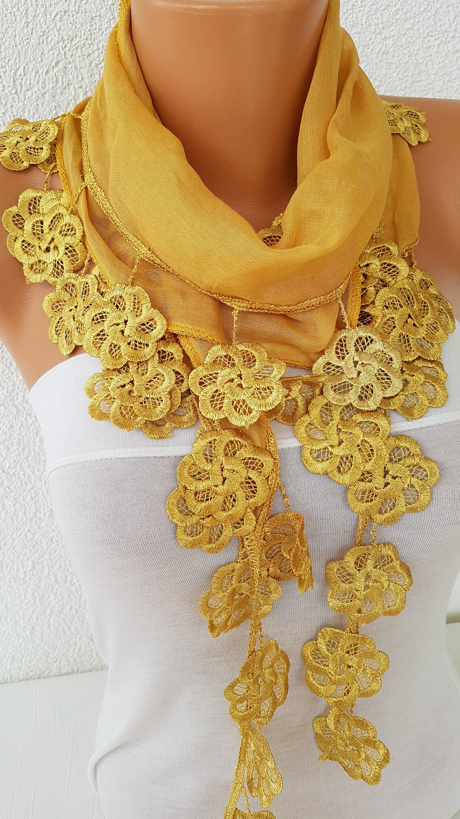 Mustard Cotton Scarf Women Lace Edge Scarf 50th Birthday Gift Etsy