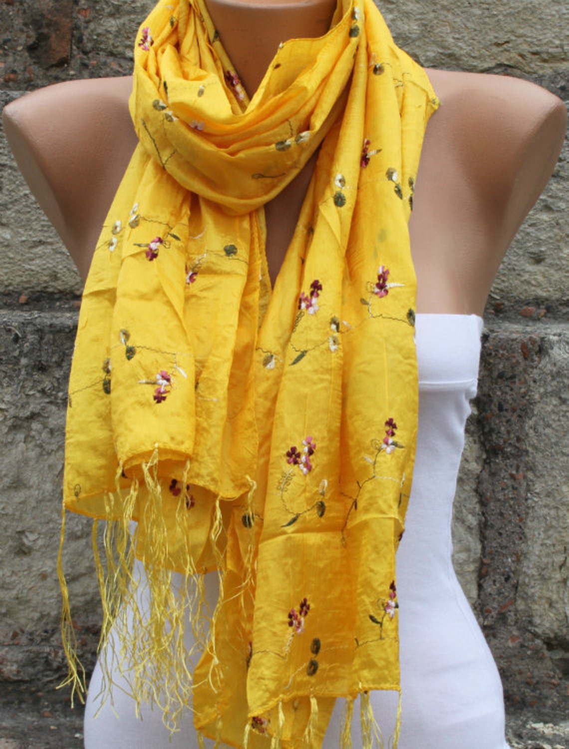 Yellow Floral Embroidered Scarf Gold Scarf Shawl Cowl Scarf Etsy