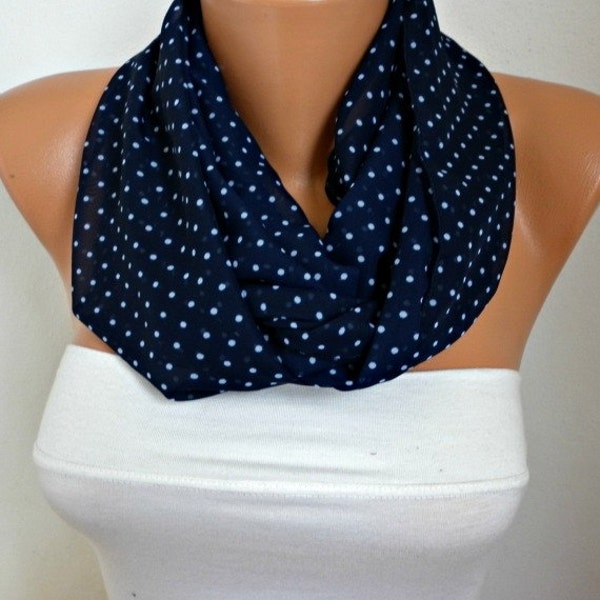 ON SALE - Polka dots - Infinity Scarf Shawl Circle Scarf Loop Scarf  Gift -fatwoman - Navy Blue