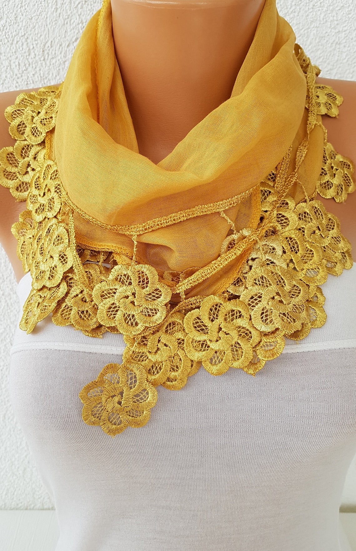 Mustard Cotton Scarf Women Lace Edge Scarf 50th Birthday Gift Etsy