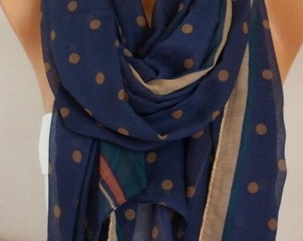 Dark Blue & Beige Polka Dot Scarf,,Shawl Wrap Cowl Gift for Her Women Fashion Accessories Women Scarves
