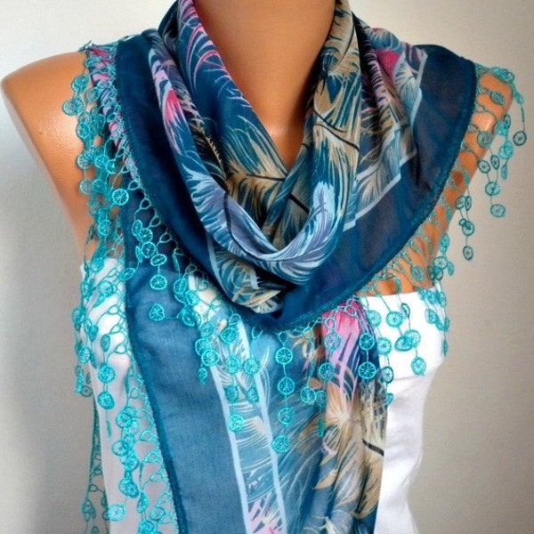 ON SALE - Scarf Shawl - Cotton Weddings Scarves - Cowl with Lace Edge  - Blue