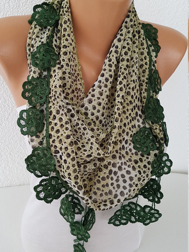 Emerald Green Cheetah Print Scarf Leopard Print Chiffon Long Lace Leaf Scarf Triangle Shawl Wrap Fringe Scarf Lace Trim Scarf Boho Scarf image 1