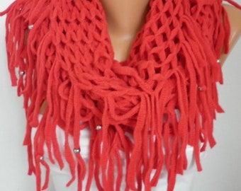 Chunky Knit Infinity Scarf Tube Boho Scarf Fringe Bead Scarf Gift For Her