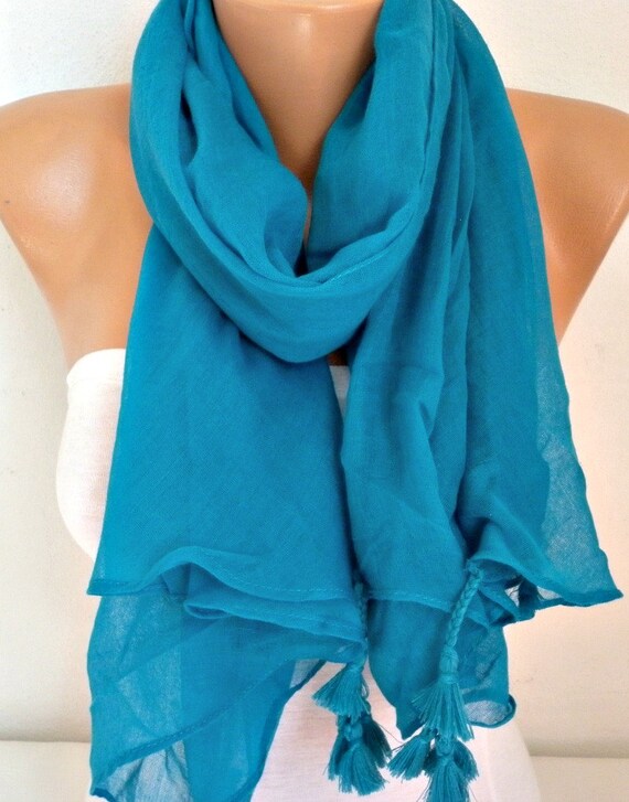 Items similar to Teal Cotton Tassel Scarf, Shawl,Spring Summer Scarf