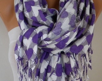 Purple Heart Print Pashmina Scarf, Shawl,Wedding Scarf,Bridal Scarf, Oversized Cowl Scarf,Gift For Her,Women Fashion