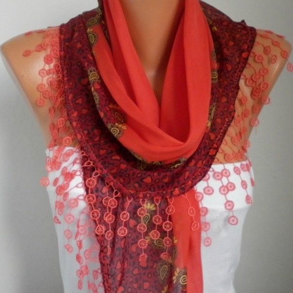 Scarf Shawl - Cotton Weddings Scarves - Cowl with Lace Edge  - Red