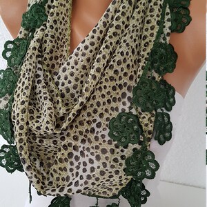 Emerald Green Cheetah Print Scarf Leopard Print Chiffon Long Lace Leaf Scarf Triangle Shawl Wrap Fringe Scarf Lace Trim Scarf Boho Scarf image 2