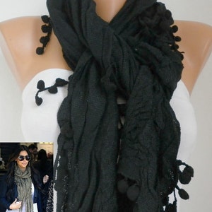 Black Cotton pompom scarf Shawl,fall winter scarf,Cowl Scarf, Gift Ideas For Her ,Women Fashion Accessories, best selling item image 2