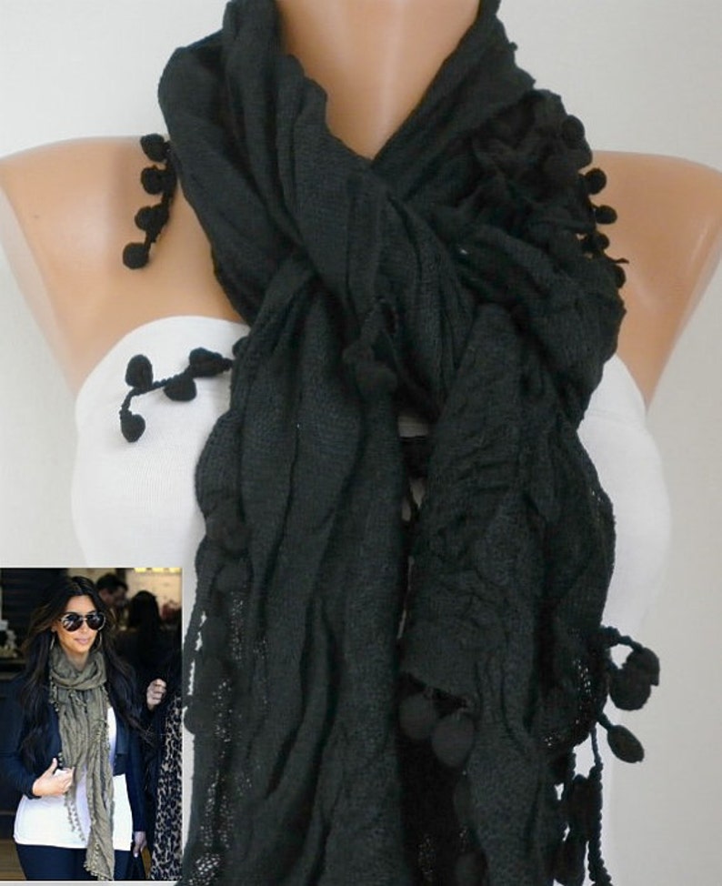 Black Cotton pompom scarf Shawl,fall winter scarf,Cowl Scarf, Gift Ideas For Her ,Women Fashion Accessories, best selling item image 2