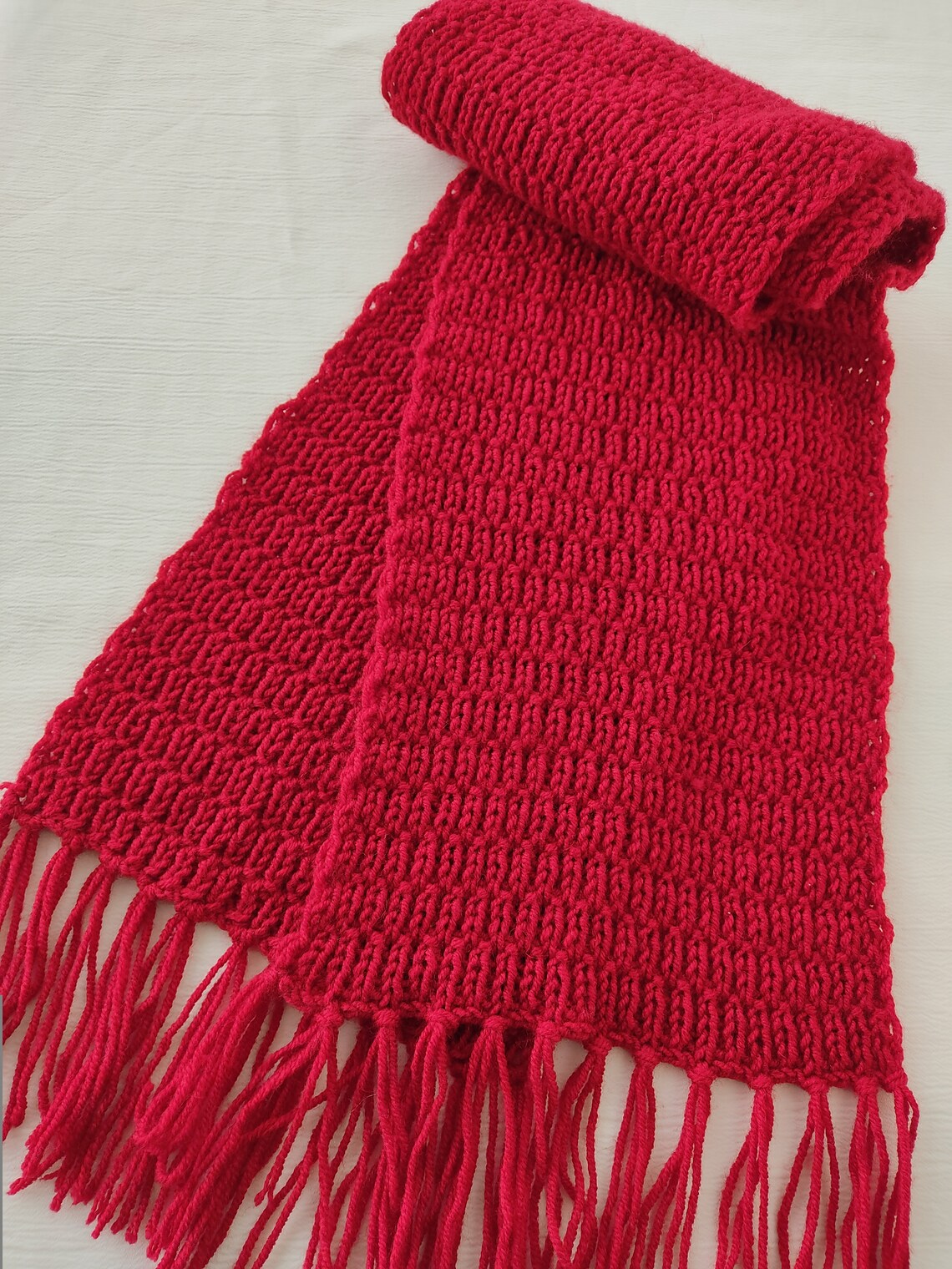 Red Knit Scarf With Fringe Wool Chunky Knitted Scarf Etsy