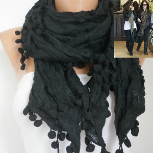 Black Cotton pompom scarf Shawl,fall winter scarf,Cowl Scarf, Gift Ideas For Her ,Women Fashion Accessories, best selling item image 1