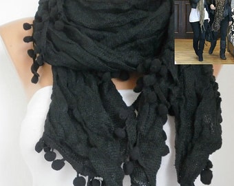 Black Cotton pompom scarf Shawl,fall winter scarf,Cowl Scarf, Gift Ideas For Her ,Women Fashion Accessories, best selling item