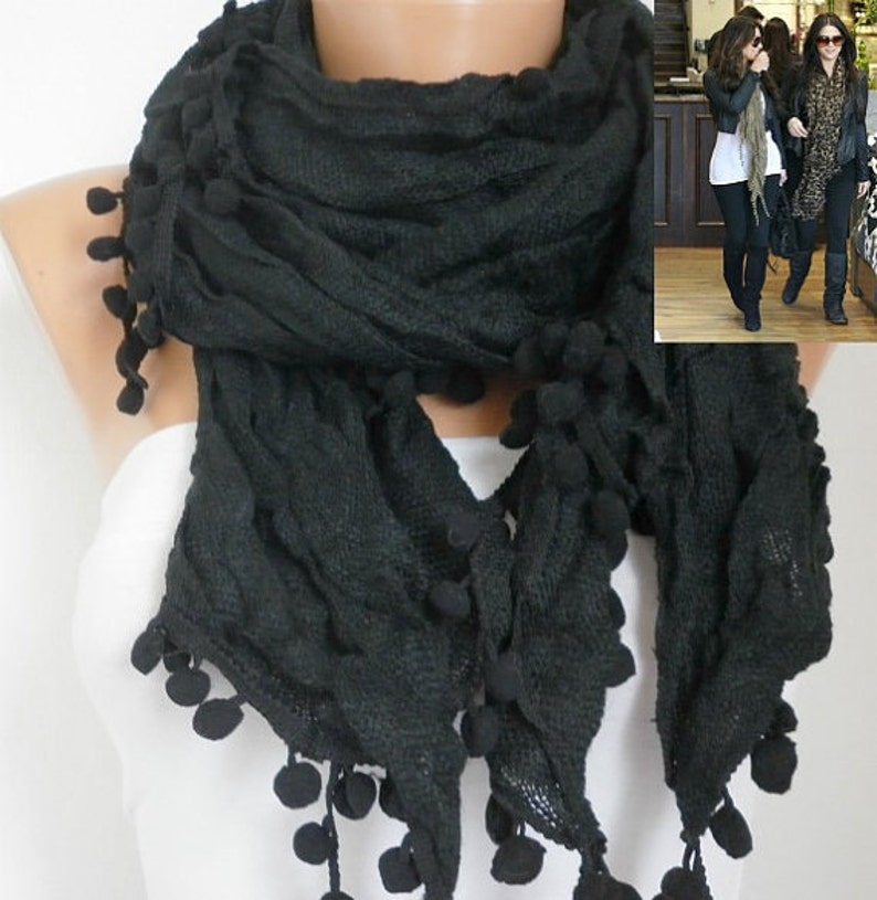Black Cotton pompom scarf Shawl,fall winter scarf,Cowl Scarf, Gift Ideas For Her ,Women Fashion Accessories, best selling item image 1