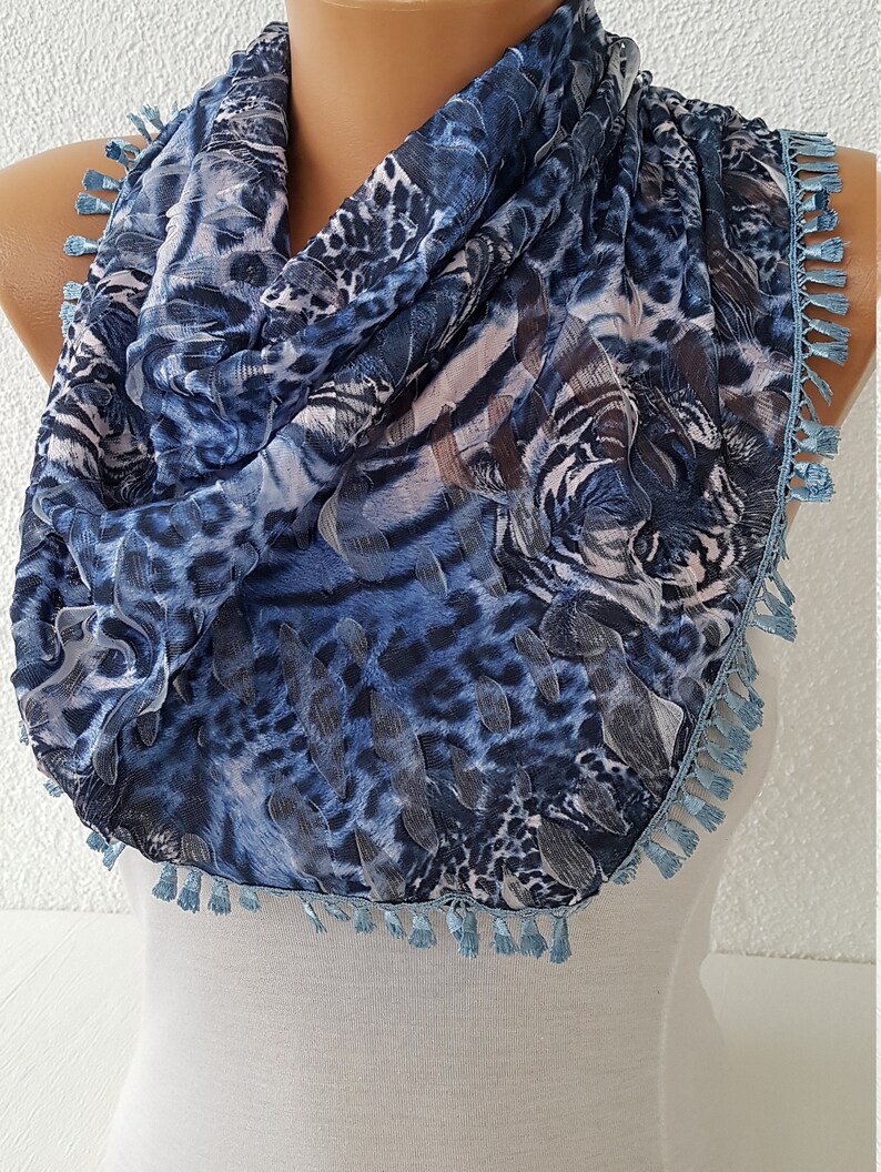 Blue Leopard Print Scarf Animal Scarf Women Lace Trim Scarf Etsy